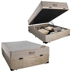 Cama Baú Casal Suede + Colchão Casal Ortobom Airtech Molas SpringPocket  (65x138x188) Bege