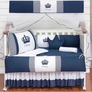 Kit Berço 11 Peças Coroa Azul Marinho Saia Box E Mosquiteiro