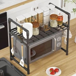Suporte Rack Organizador Microondas Armario Cozinha Prateleira Gancho Tempero Escorredor Louças Comp