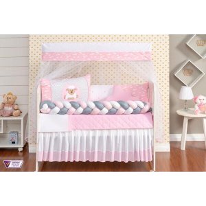 Kit Jogo de Berço Ovelha Menina 14 Peças com Saia Box Rosa