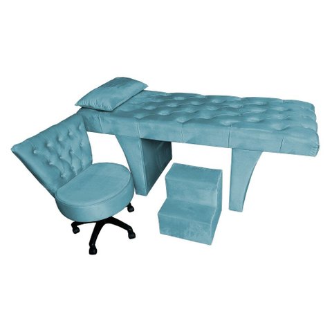 Kit Maca Estética Capitonê com Mocho e Escadinha 80 Cm Bege Slk Decor Reta Azul Turquesa