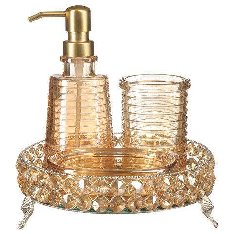 Kit Lavabo Bandeja Luxo Vidro Banheiro Dispenser Líquido Pia