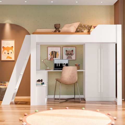 Cama Alta Office Adulto com Escrivaninha e Roupeiro Vivace Branco