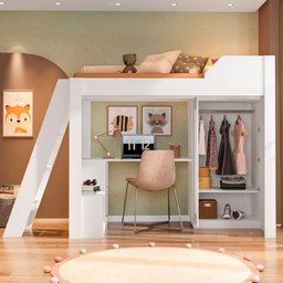 Cama Alta Office Adulto com Escrivaninha e Roupeiro Vivace Branco - 2