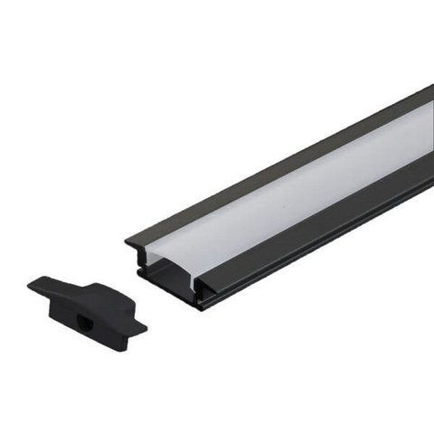 Perfil Embutir Alumínio Preto 24.5x7Mm 1 Metro + Fita 120 LED/Metro 3000K + Fonte 2A