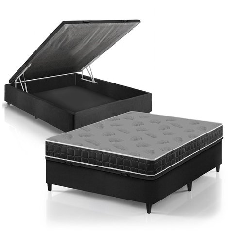 Cama Box Baú Viúva Preto + Colchão Espuma D20 Dupla Face Zidi Querubin 128x188x54cm