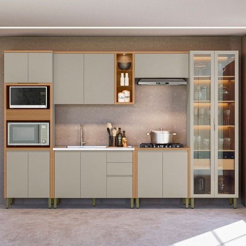 Cozinha Completa Allure 14 Portas 4 Gavetas 100% Mdf com Vidro 810016087 Jequitibá/gris - Linea Bras