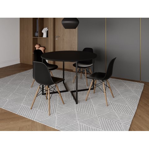 Mesa Industrial Base Ferro Preto em V Tampo 110cm Preto 4 Cadeiras Eames Madeira Assento Preto