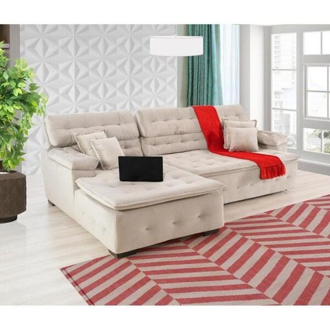 Sofá Orlando 2.20x1.50m com Chaise, Retrátil e Reclinável - Bege