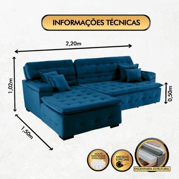 Sofá Orlando 2.20x1.50m com Chaise, Retrátil e Reclinável - Azul - 2