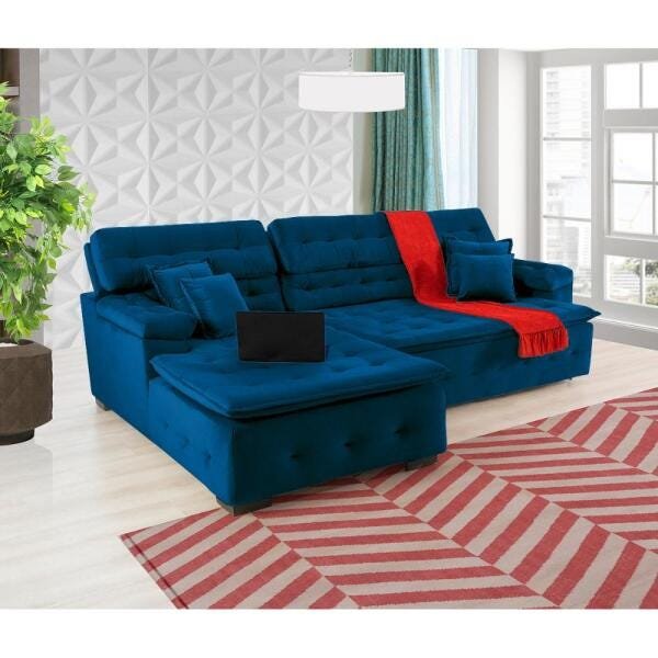 Sofá Orlando 2.20x1.50m com Chaise, Retrátil e Reclinável - Azul