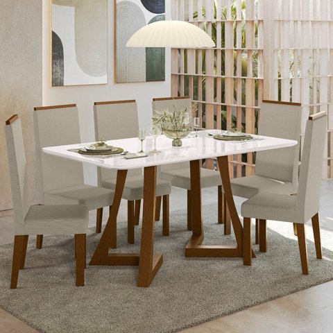 Sala Jantar Ana 160cm Vidro 6 Cadeiras Linho Livia Off White/Âmbar
