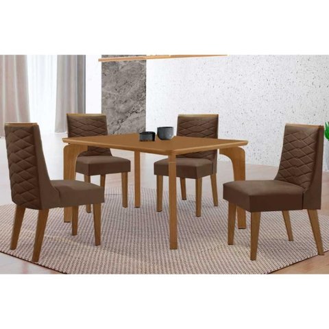 Conjunto: Mesa de Cozinha Londrina Tampo Curvo 120cm+4 Cadeiras Dafne Madeira Naturale - Capuccino/