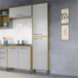 Paneleiro Alto Armário Multiuso Para Cozinha 2 Portas 5 Prateleiras MDP Marrom Madeira Off White - 1