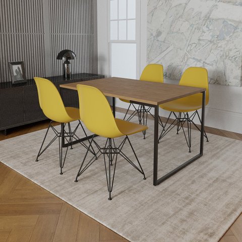 Mesa Industrial Base Ferro Preto 137x90 Tampo Amêndoa 4 Cadeiras Eiffel Ferro Preto Assento Amarelo