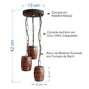 Ver imagem 2 de Luminária Lustre Pendente Barril Triplo de Madeira Maciça Colonial Retrô - Mogno + Lâmpadas