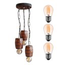 Ver imagem 1 de Luminária Lustre Pendente Barril Triplo de Madeira Maciça Colonial Retrô - Mogno + Lâmpadas