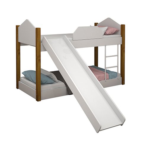 Beliche Infantil Luiza com Colchões Juvenil + Escorregador e Luminária Led - Branca/Amêndoa