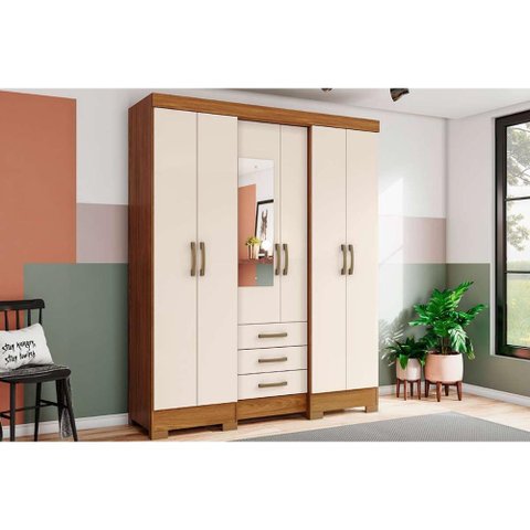 Guarda Roupa Solteiro 6 Portas e 3 Gavetas C/ Espelho Briz B23 Nature/off White - Henn