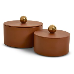 Kit de Caixas Decorativas com Tampa e Revestimento Pu - 2pçs:marrom