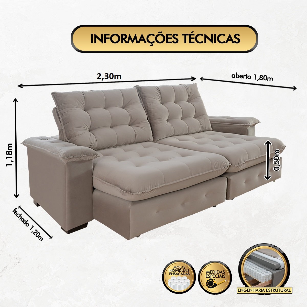 Sofá Coliseu 2.30m Retrátil e Reclinável Super Pillow - Avelã - 4