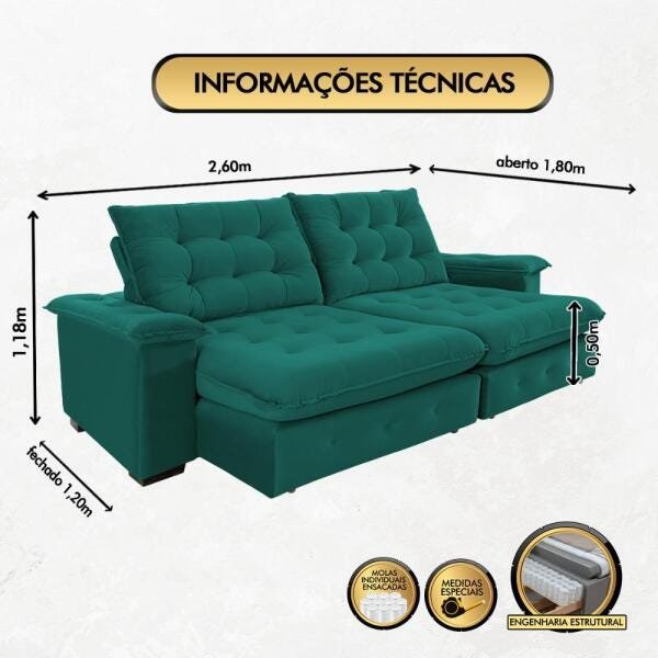 Sofá Coliseu 2.60m Retrátil e Reclinável Super Pillow - Verde - 2