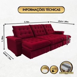 Sofá Coliseu 3.10m Retrátil e Reclinável Super Pillow - Vinho - 2