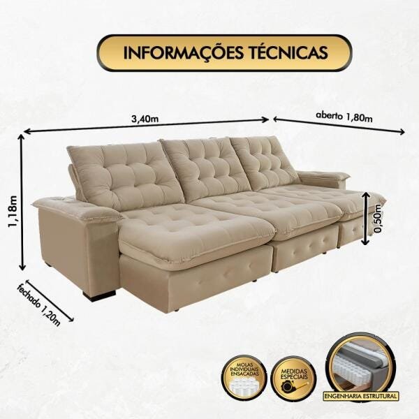 Sofá Coliseu 3.40m Retrátil e Reclinável Super Pillow - Bege - 2