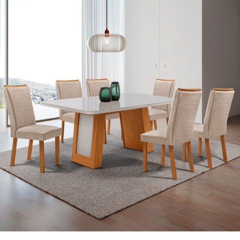 Mesa de Jantar Carolina 180cm Tampo MDF Vidro Canto Copo com 6 Cadeiras Lisa