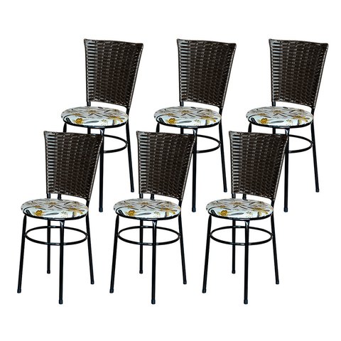 6 Cadeiras para Mesa Preta Hawai Marrom Assento Floral:floral Orquídea