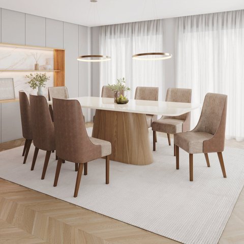 Conjunto Mesa Olívia 200cm com Vidro 08 Cadeiras Ivy Off White/Nature/Caramelo/Creme