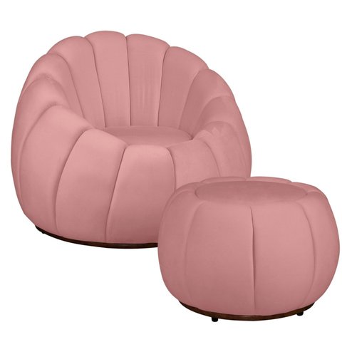 Kit Poltrona Base Giratória e Puff Concha Decorativo Veludo Cor:rosa