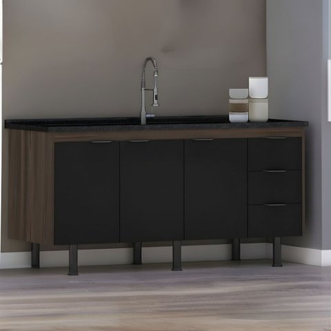 Gabinete Cozinha 3 Gavetas Armário 100% MDF Multiuso 174cm: Rustico/`Preto