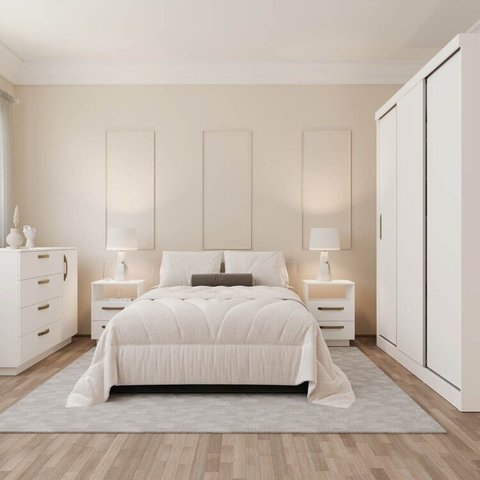 Kit Guarda Roupas 3 Portas, Cômoda e Mesa de Cabeceira Araçá CabeCasa MadeiraOriginals Branco