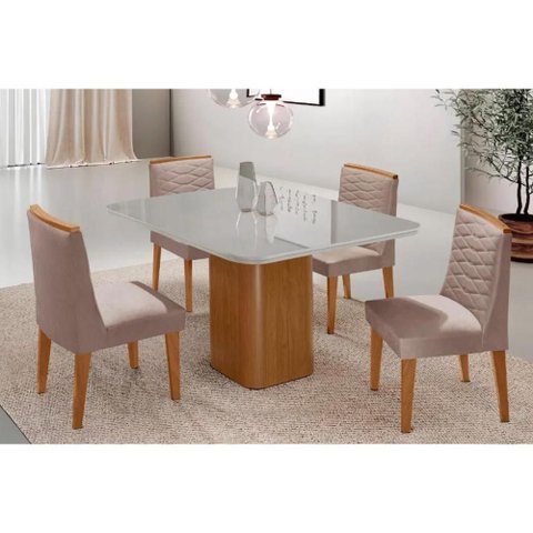 Sala Jantar Mesa Maldivas Tampo C/ Vidro Curvo 90cm+4 Cadeiras Maldivas Madeira Naturale/off White