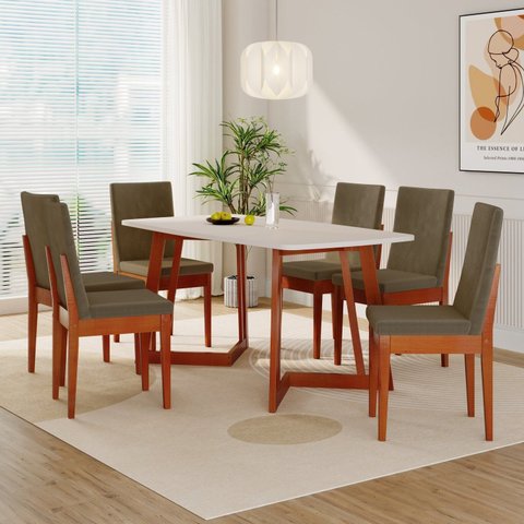 Conjunto Sala de Jantar Califórnia 6 Lugares Retangular Madeira Maciça Dakota Marrom/Caramelo/Tabaco/Off White