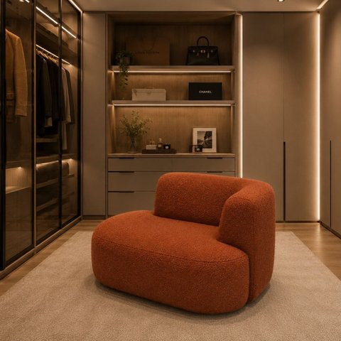 Sofá Puf Orgânico 140 cm 2 Lugares Consultório Recepção Sala:Terra Cota/Bouclé Lado Esquerdo