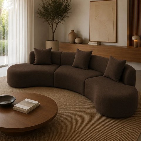 Sofá Sala Modular Curvo 360cm Orgânico Virginia Linho Marrom