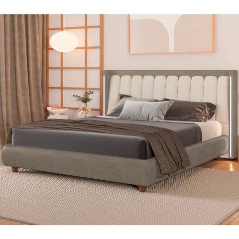 Cama Japonesa com Cabeceira em LED Seo-Yeon Queen Facto Cinza / Linho Off White - Sallar Home