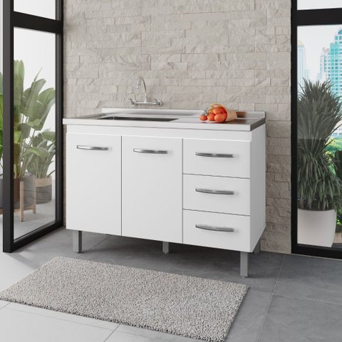 Balcão 120cm Bianca 02 Portas e 03 Gavetas com Pia e Cuba Ghelplus Branco Moblis