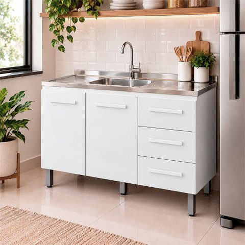 Balcão 120cm Bianca 02 Portas e 03 Gavetas com Pia e Cuba Ghelplus Branco Moblis