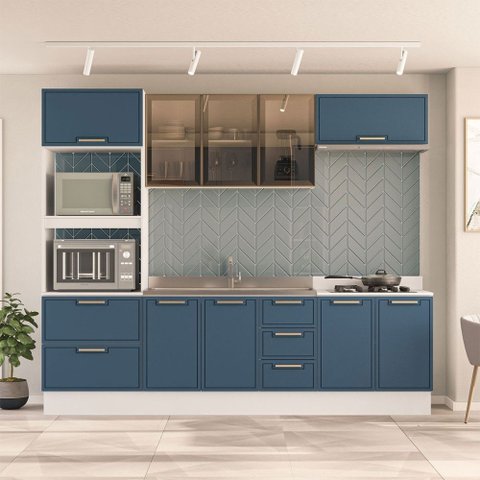 Cozinha Completa Amara 10 Portas 4 Gavetas com Vidro 40250784 Azul/branco - Politorno