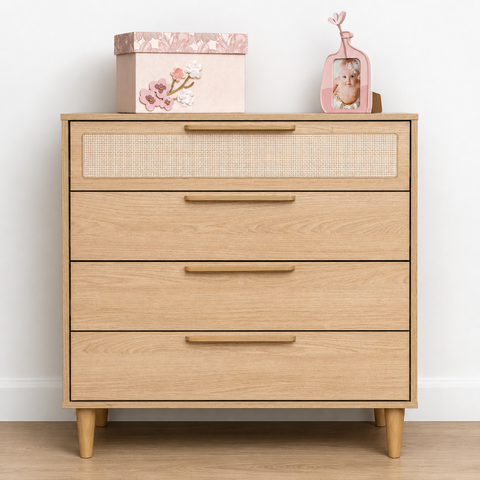 Cômoda MDF 4 Gavetas com Tela Palha Rattan Quater Linha Paglia Pro