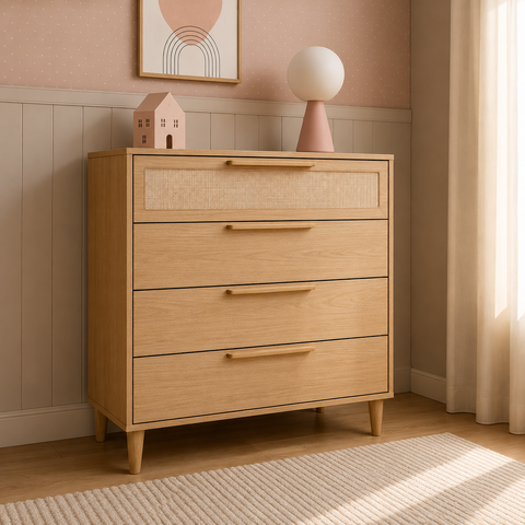 Cômoda MDF 4 Gavetas com Tela Palha Rattan Quater Linha Paglia Pro