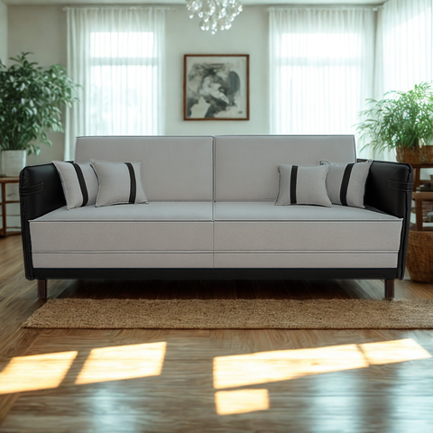 Sofá 3 Lugares Modular Filipi 2,12m Sala Recepção Clínica:linho Cinza/corino Preto