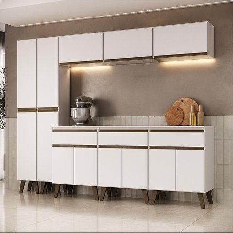 Cozinha Atlanta Gold 13 Portas 3 Gavetas MDP 241cm Branca Móveis Carraro