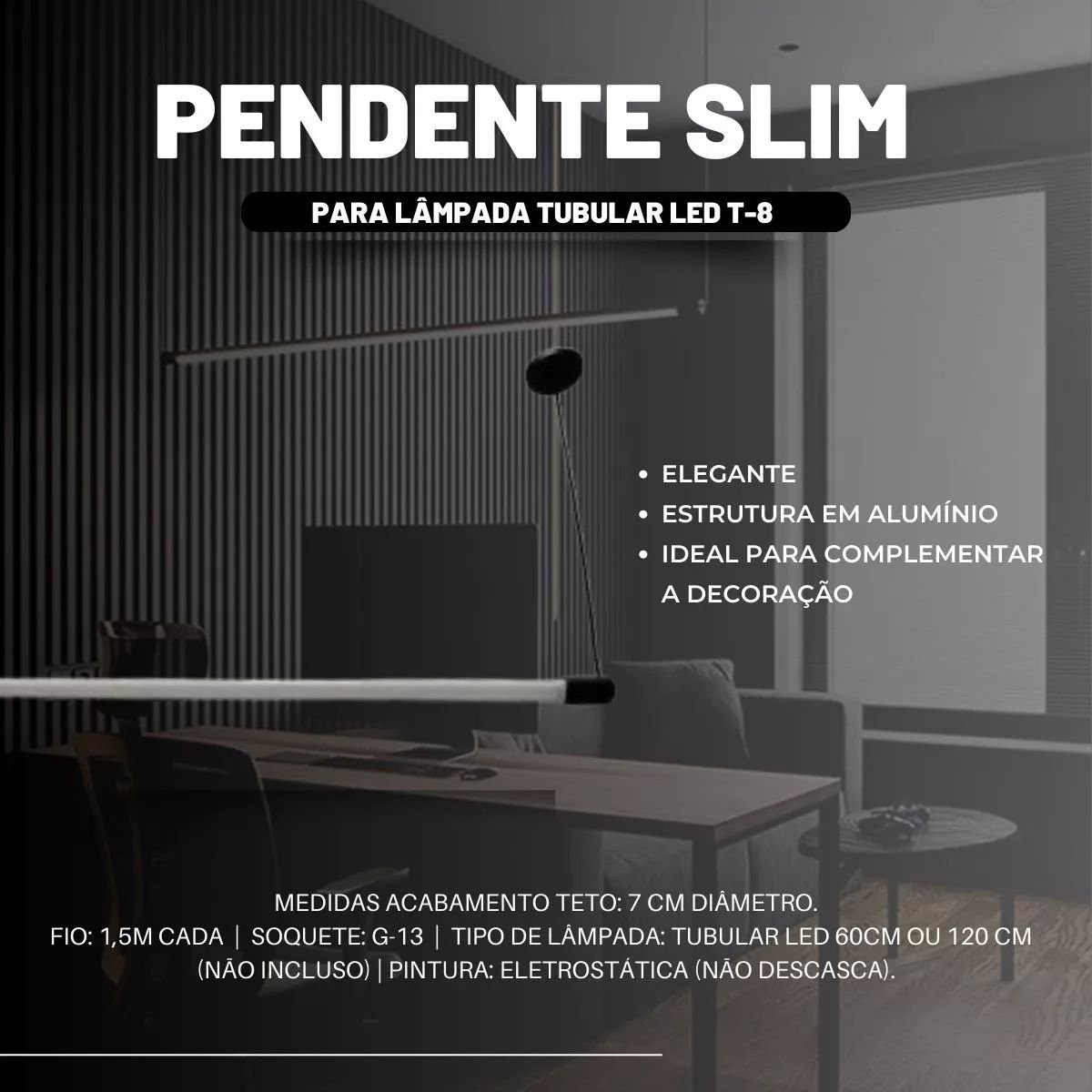 Slim Pendente Preto para Lampada Tubular Led Fio 1,5m Soquete G13 Tensao Bivolt - 2