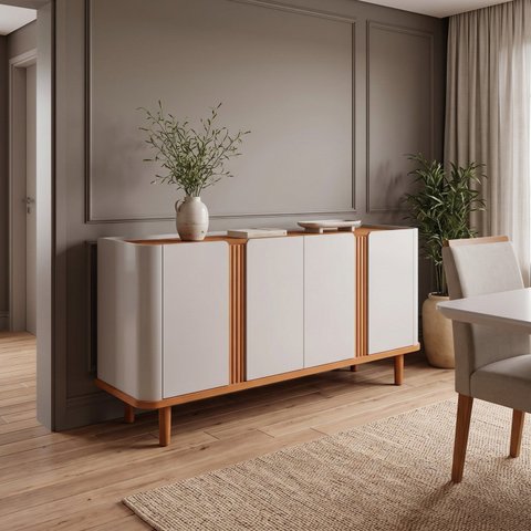 Buffet Aparador 4 Portas 153cm com Pés de Madeira Maciça