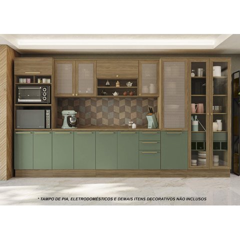 Armário de Cozinha Modulada Completa Reta 9 Peças 4,00m Botanic Kappesberg - Nogueira/Verde Oliva