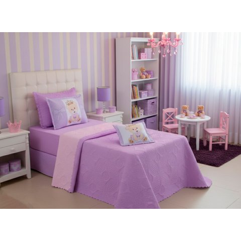 Kit Cobre Leito Solteiro Infantil Princesa Ursa 4 Peças Dupla Face Matelassado: Lilás